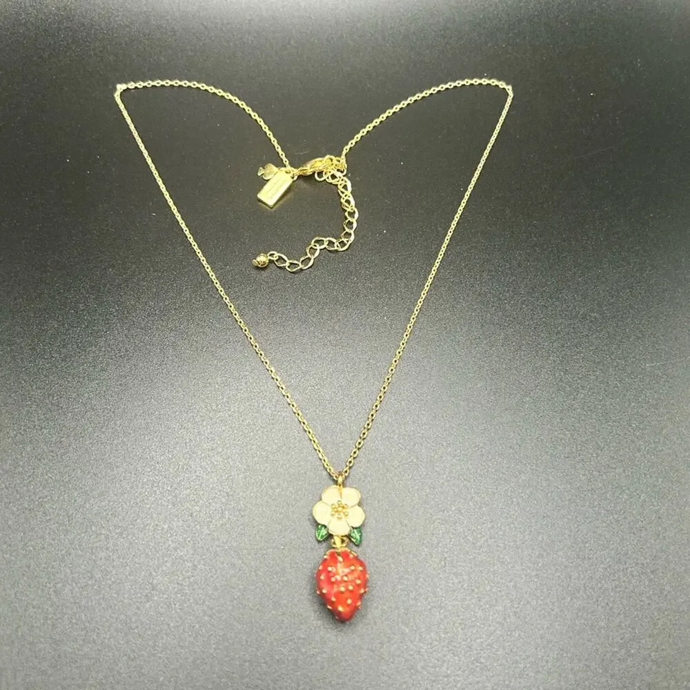 Kate Spade Flower and Strawberry pendant necklace #658 gold tone chain 16-18” - Picture 3 of 5